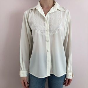 VINTAGE White Blouse Embroidered Button Down